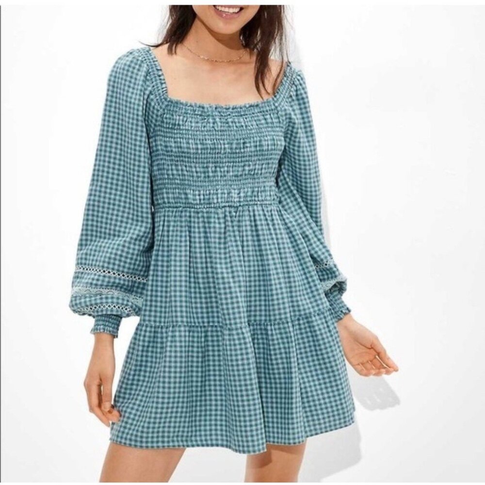 American Eagle Y2K Green Plaid Mini Peasant Dress Tiered Smocked Bust Sz S - Picture 2 of 8